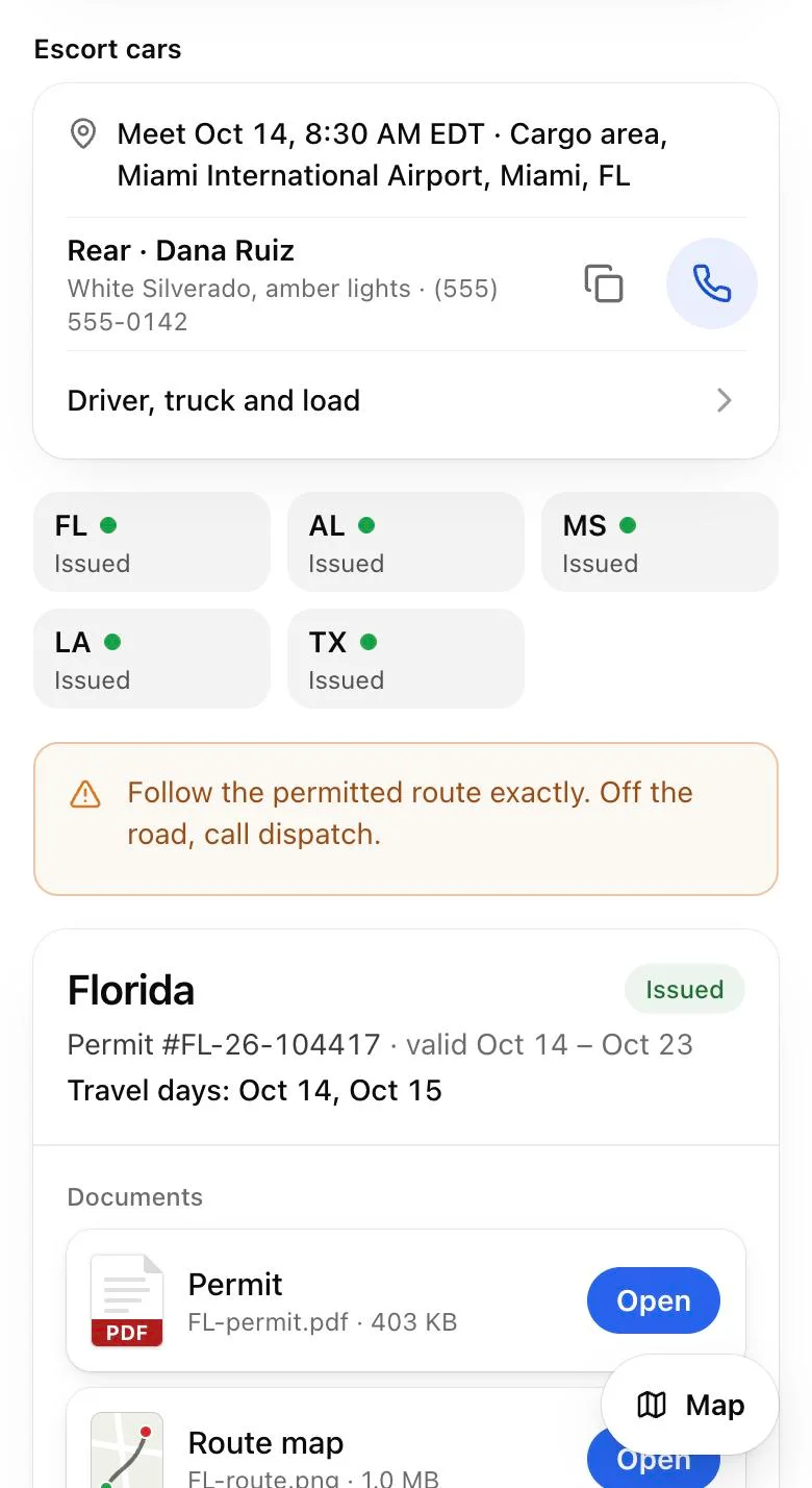Escort cars on the driver page: meet Oct 14 at 8:30 AM EDT at the cargo area of Miami International Airport, the rear car with call and copy buttons, the five states marked Issued, the rule to follow the permitted route, and Florida’s permit.