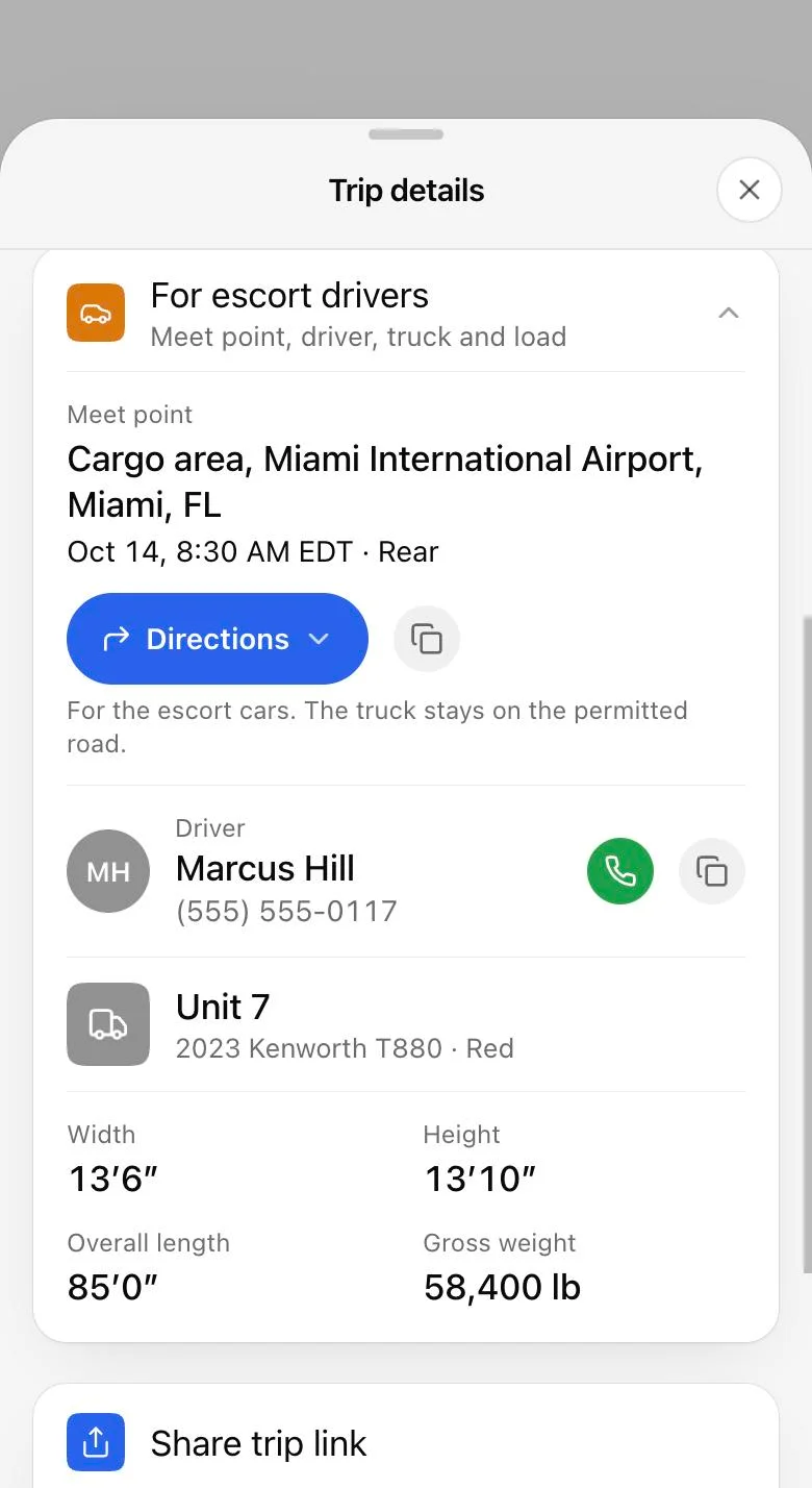 Trip details for escort drivers: the meet point with Directions, the truck driver’s name and number, the truck, and the load at 13 ft 6 in wide, 13 ft 10 in high, 85 ft long and 58,400 lb.