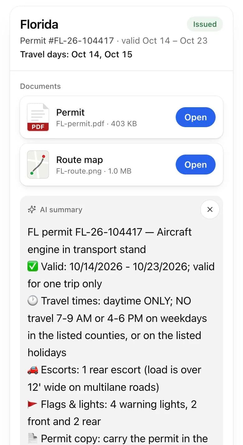 Florida’s card on the driver page: the permit PDF and the route map, and the AI summary listing the valid dates, the travel times, one rear escort, four warning lights and the permit copy rule.